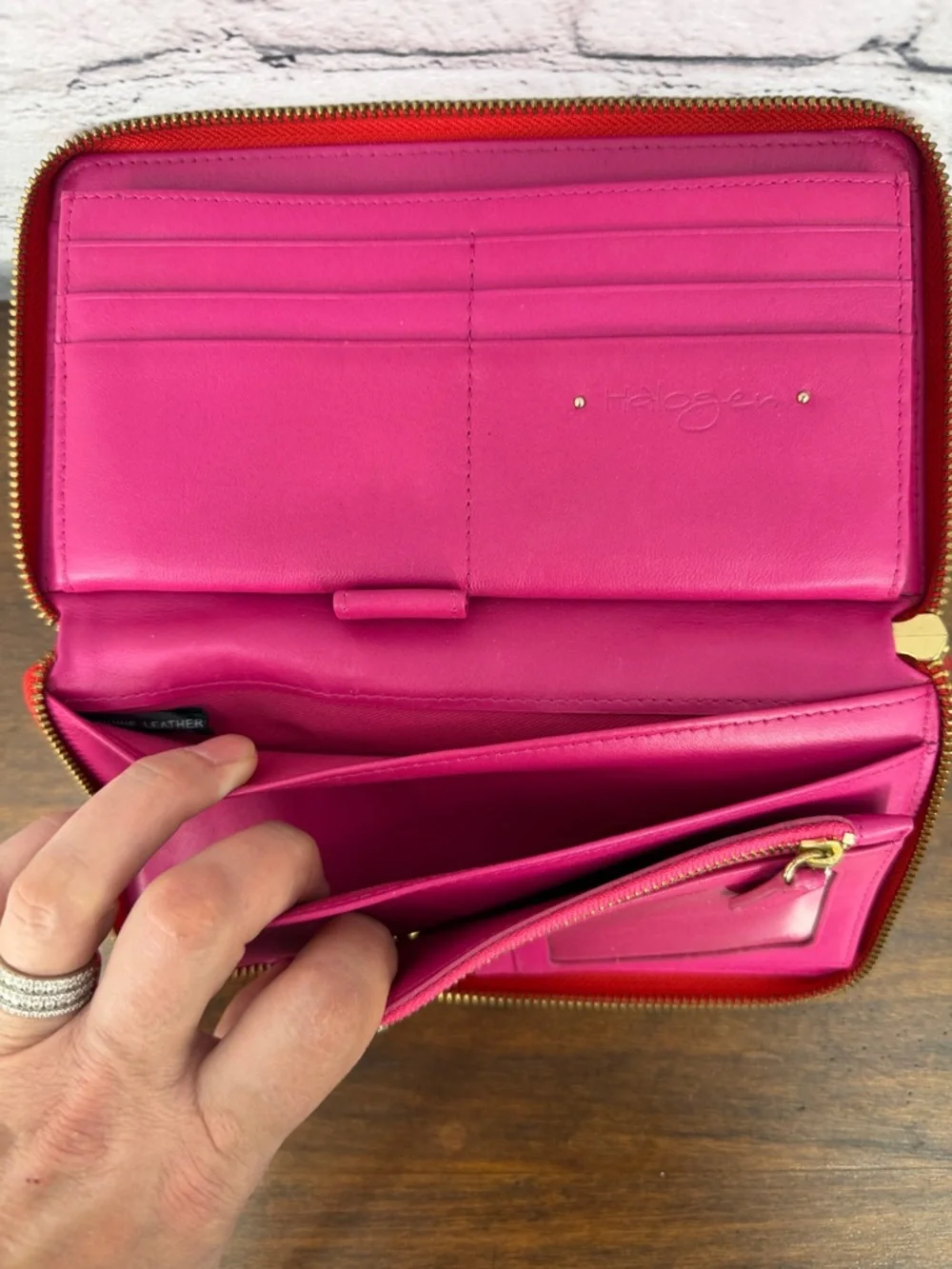 Halogen Zip-Around Leather Travel Clutch Wallet — Red/Fuchsia — VGC